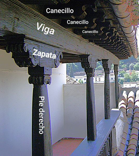 Archivo:Pies derechos de estilo Mudéjar Granadino en un patio de tipología granadina. Se compone de un madero vertical labrado y encima otro más pequeño horizontal también labrado. Reino de Granada III..jpg