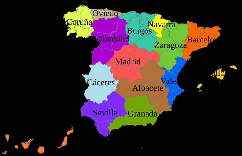 Archivo:Audiencias territoriales de España creadas en 1834. En el sureste, Región Histórica de Granada, aparece aparece la Audiencia Territorial de Granada y las cuatro provincias correspondientes. .jpg