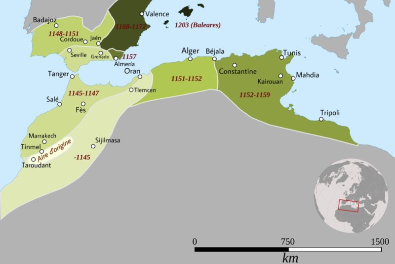 Archivo:Imperio Almohade desde su origen en el espacio del actual Marruecos, la primera capital, Tinmel, y la capital definitiva, Marrakech..jpg