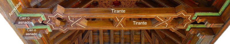 Archivo:Tirantes pareadas. Mudéjar Granadino. Obra del Reino de Granada III o Cristiano. Se colocaban dos tirantes para contrarrestar los empujes laterales de la armadura, dos por si una fallaba..jpg