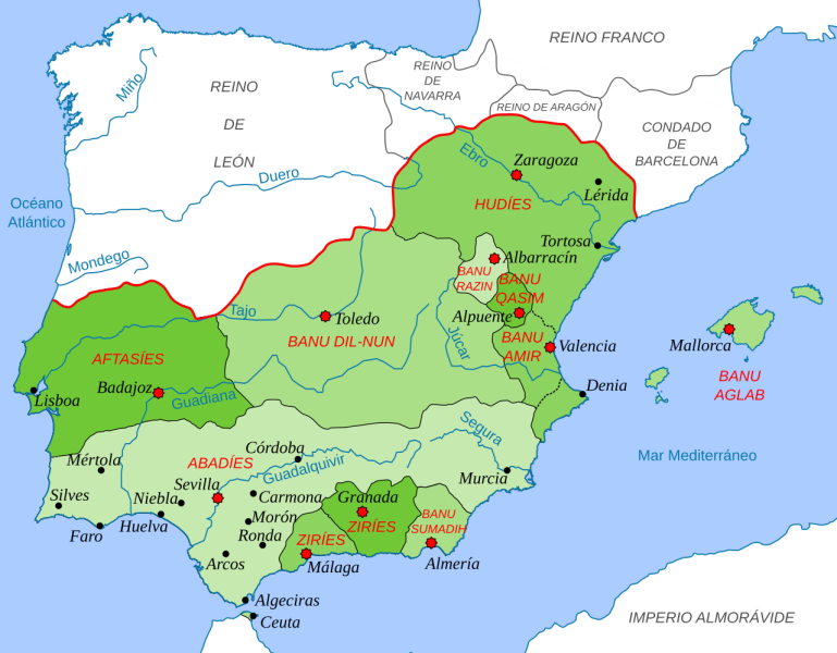 Archivo:Reino de Granada I, 1080, en el mapa con el texto en rojo "Ziríes". contenía parte de la actual provincia de Granada debido al expansionismo sevillano que había conquistado numerosos reinos..png