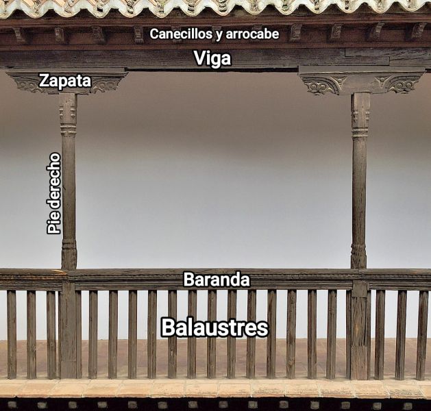 Archivo:Elemento sustentante del Mudéjar Granadino en las plantas superiores de los patios - Barandas con balaústres, pies derechos, zapatas y encima las vigas que sostienen a los alfarjes y canecillos..jpg