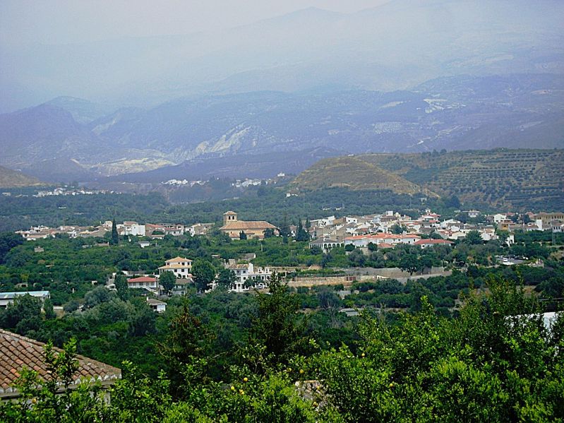 Archivo:Melegís, Valle de Lecrín, Provincia de Granada, España. Foto del pueblo entre los naranjos y olivos que dan riqueza a su vega..jpg