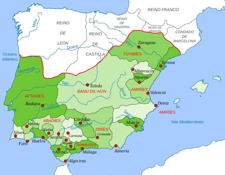 Archivo:Reino de Granada I en 1037, aparece en el mapa con el Texto en rojo "Ziríes". Se componía de las actuales provincias de Jaén, buena parte de Granada, parte de Almería y algunos otros territorios..png