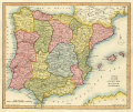 Año 1810 - Mapa de la península con distinción de las regiones. Entre ellas, Granada y Andalucía