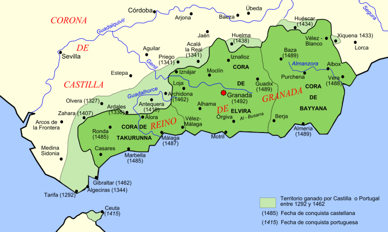 Archivo:Reino de Granada II o Nazarí (1238-1492). Por Tyk based on ImageIberian Peninsula base map.svg created by Redtony - self-made. Approximate borders only.Sources for dates of the Chris .svg.png
