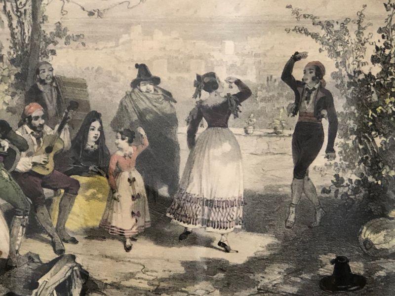 Archivo:Trajes y bailes granadinos con la Alhambra al fondo, grabado del siglo XIX..jpg