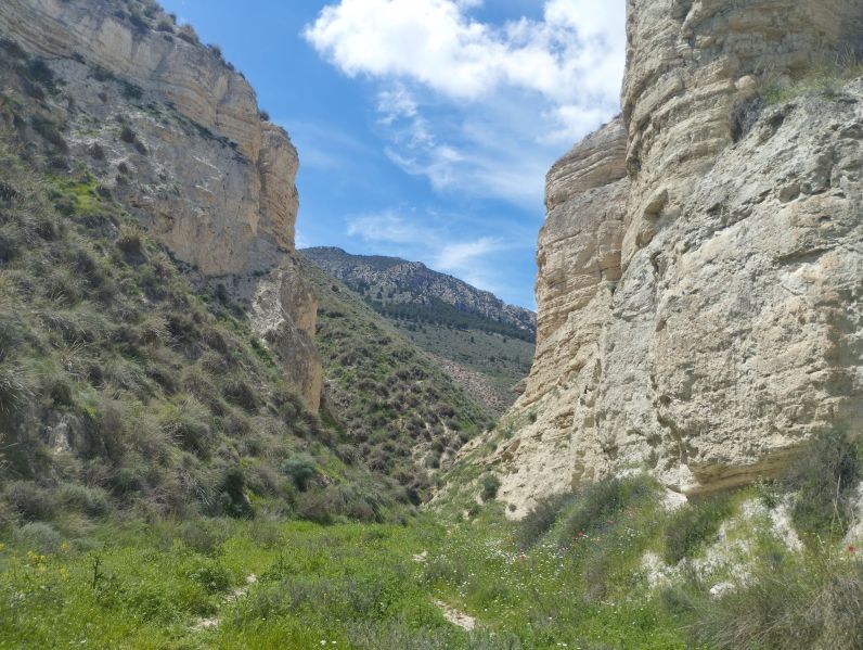 Archivo:Falla de Baza, Geoparque de Granada, Región de Granada Histórica, España. Partiendo del canal de Jabalcón, el recorrido se adentra por un valle de gran belleza que en un principio es amplio..jpg