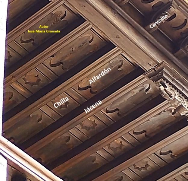 Archivo:Labor de menado en un alfarje de estilo Mudéjar Granadino, alfardones y chillas. Reino de Granada III o cristiano..jpg